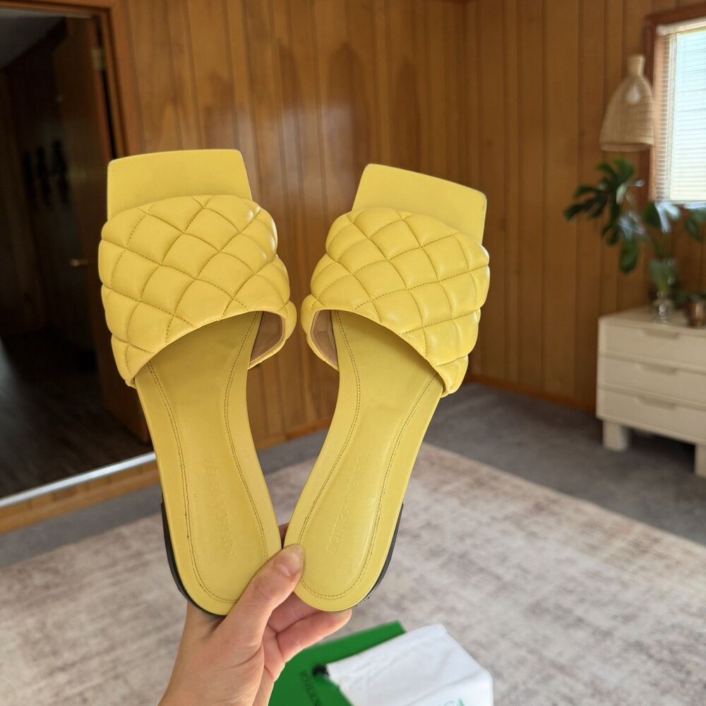 Bottega Veneta Padded Flat Slides Pear Yellow Quilted Leather Sandal EU 39 US 9 - Picture 12 of 16